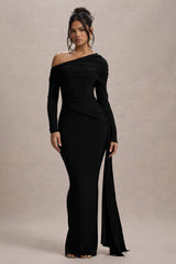 Valina | Black Ruched Asymmetric Maxi Dress With Drape
