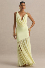 Meggie | Lemon Plunge-Neck Twisted Maxi Dress With Chiffon Skirt