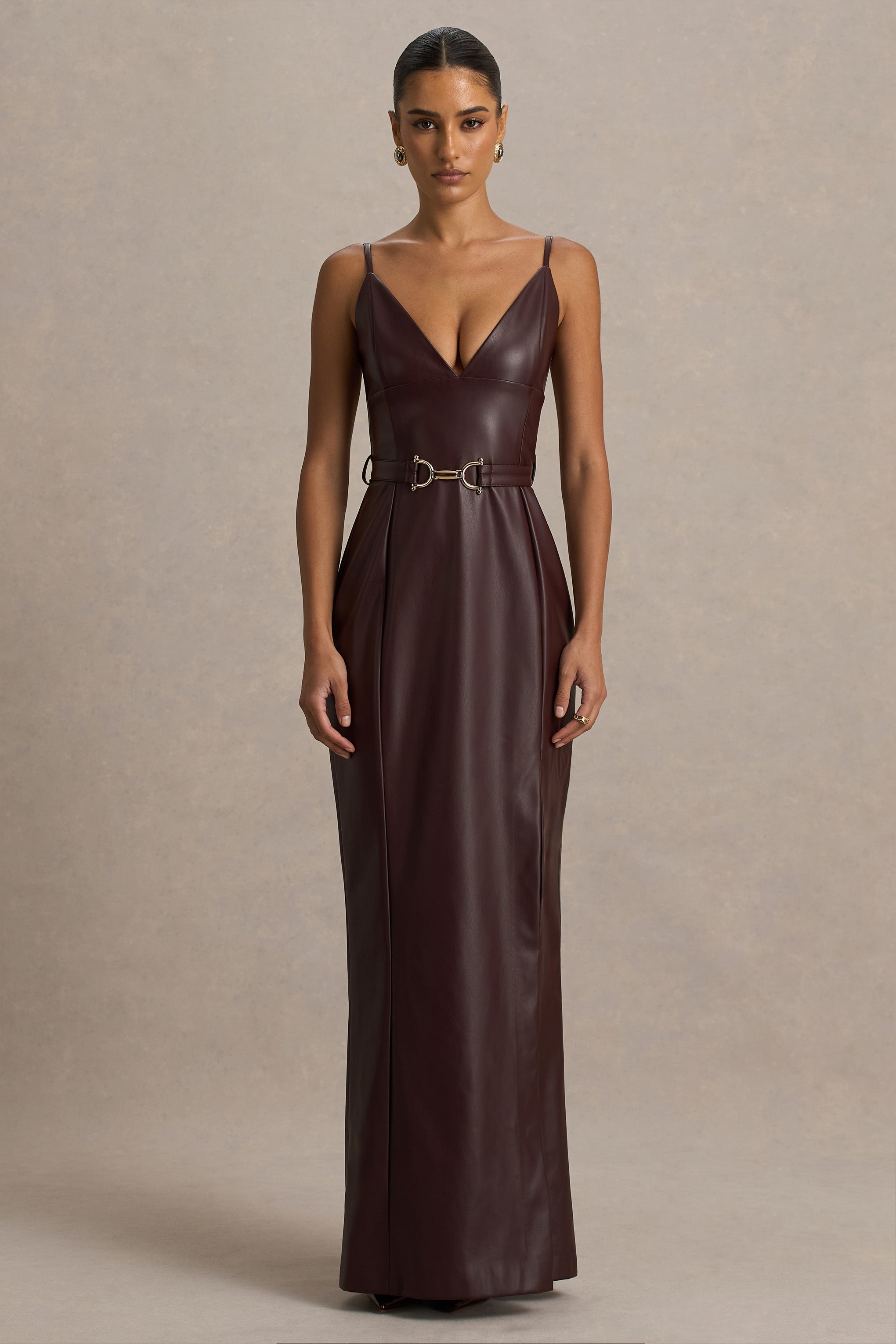 Lila | Burgundy Faux Leather Plunge-Neck Maxi Dress With Split