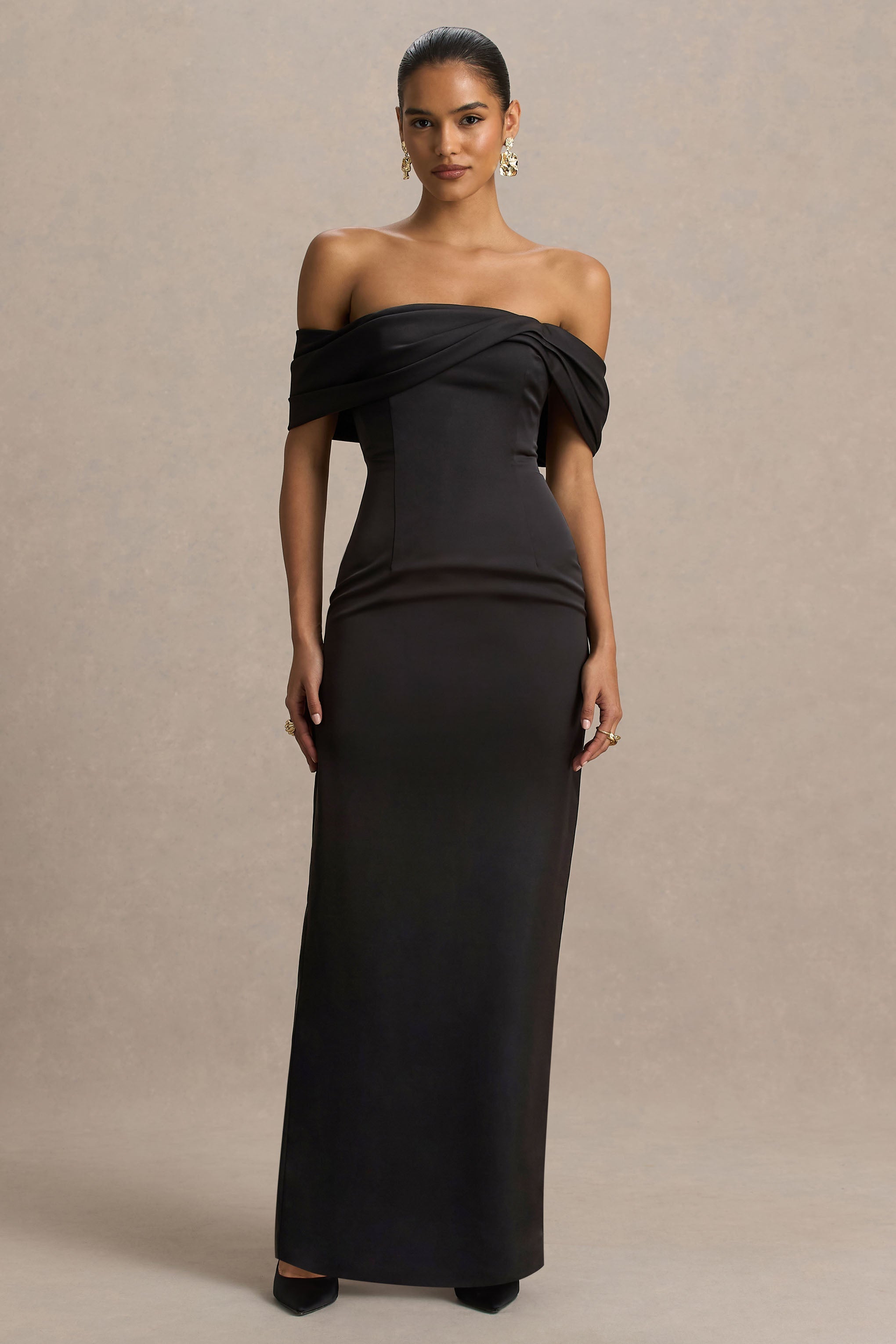 Valeria | Black Satin Twist-Bardot Neck Maxi Dress