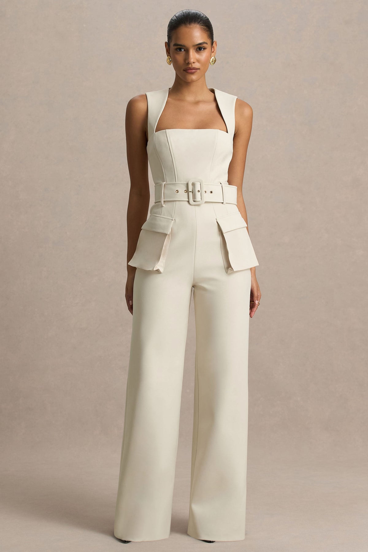 Solice | Cream Square-Neck Tailored Jumpsuit