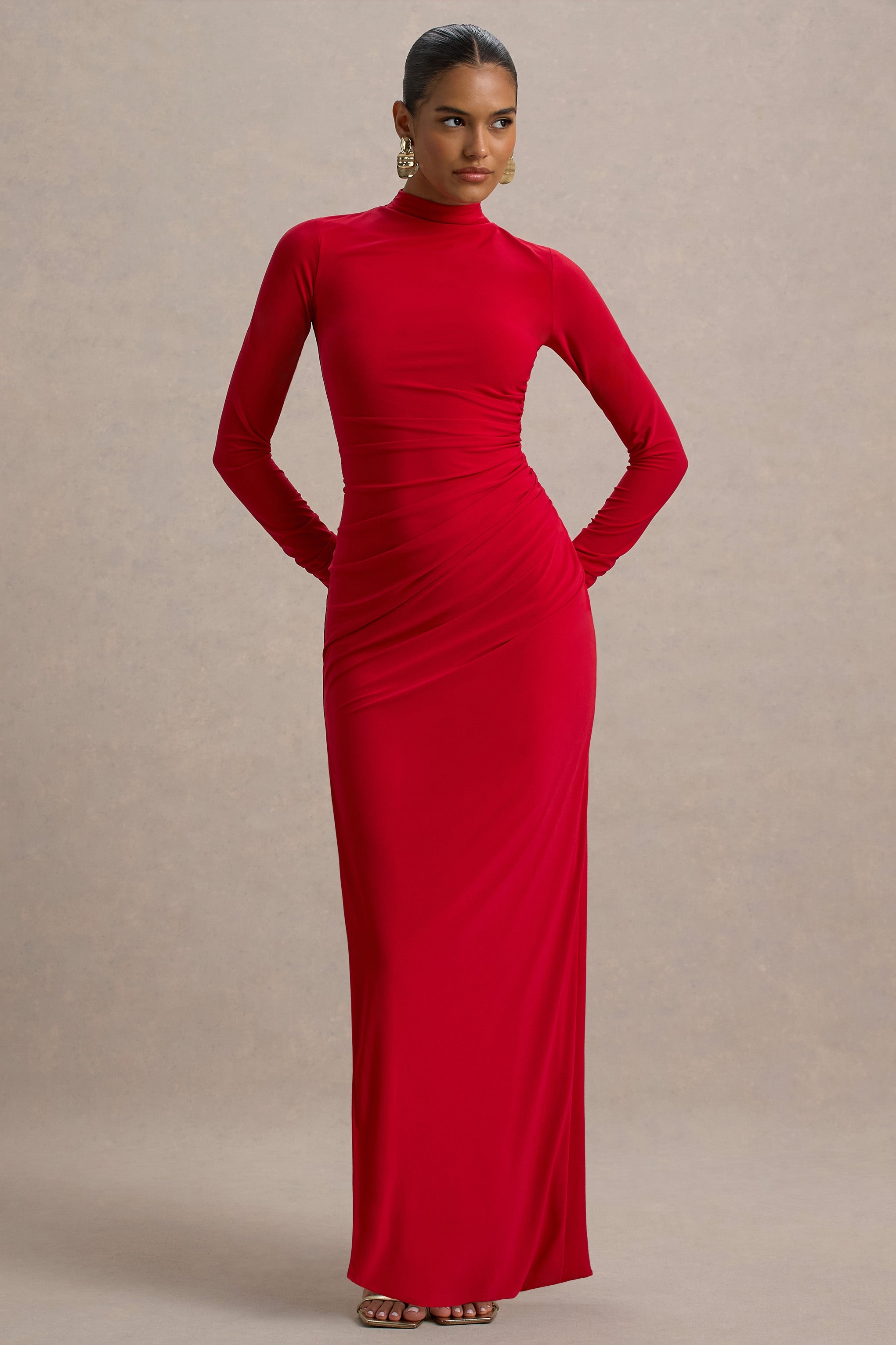 Alluring | Red High Neck Maxi Dress With Ruched Detailing