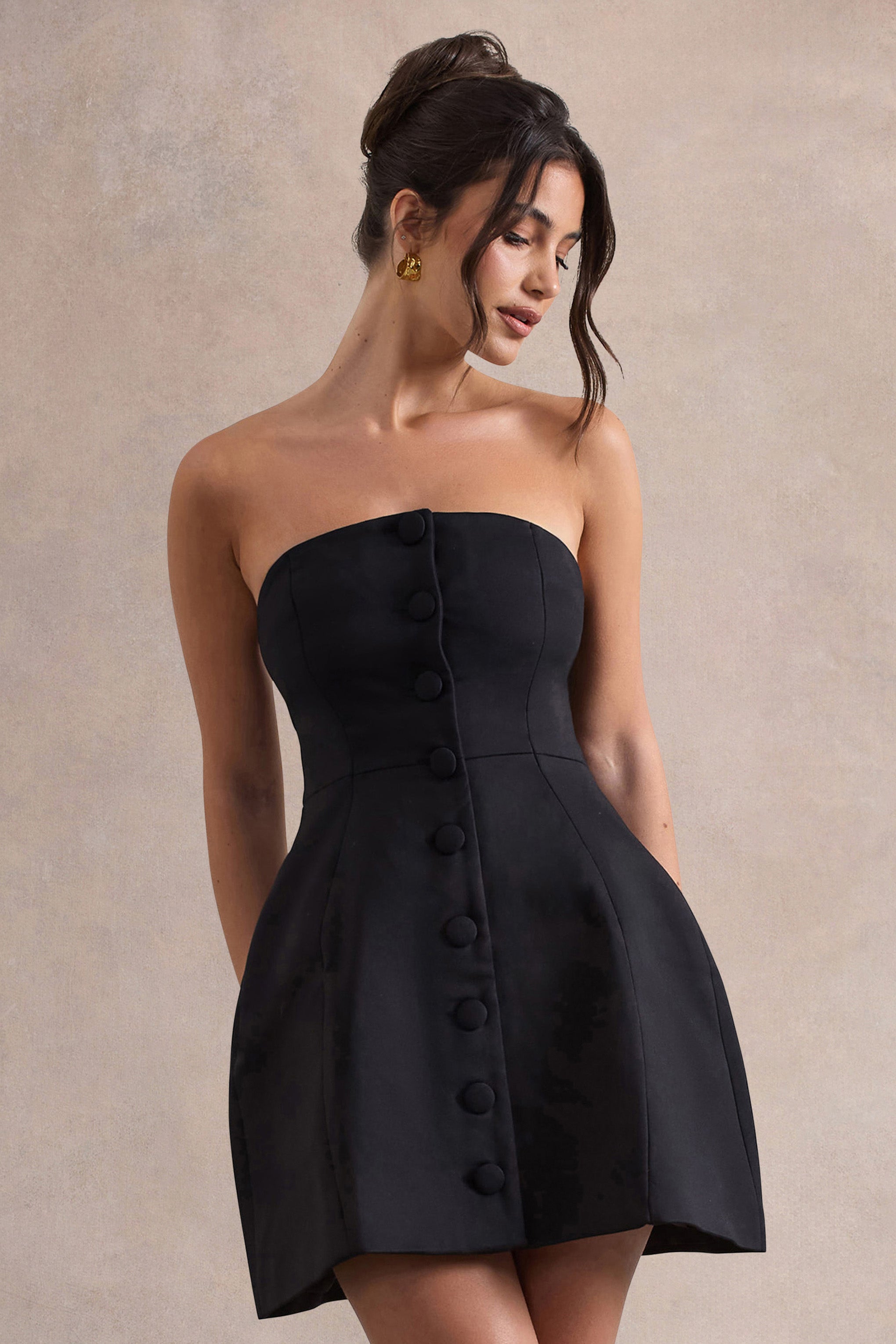 Anniston | Black Bandeau Tailored Buttoned Mini Dress