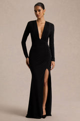 Command | Black Plunge-Neck Maxi Dress With Front-High Split