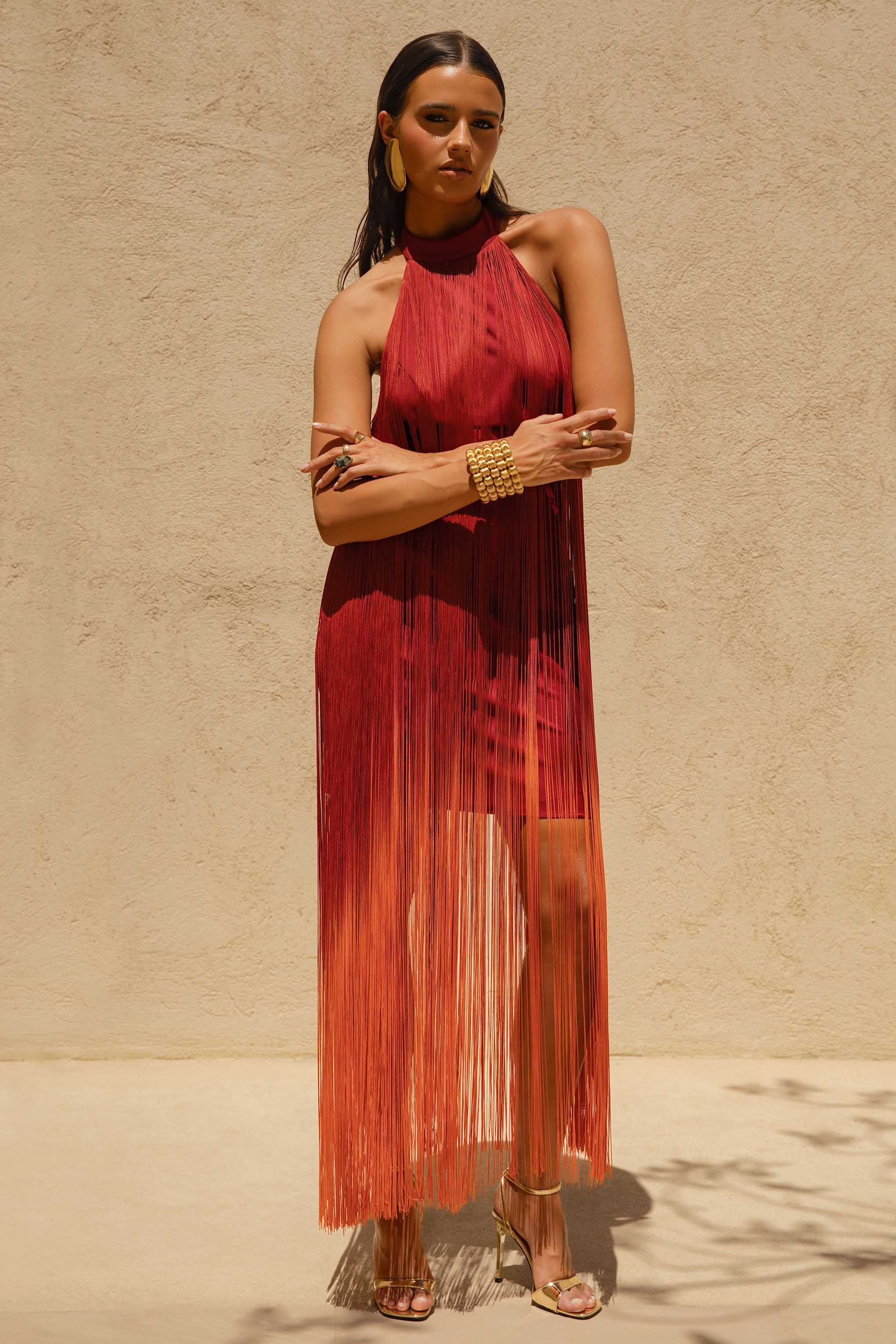 Alessia | Orange Ombre Fringe High-Neck Maxi Dress