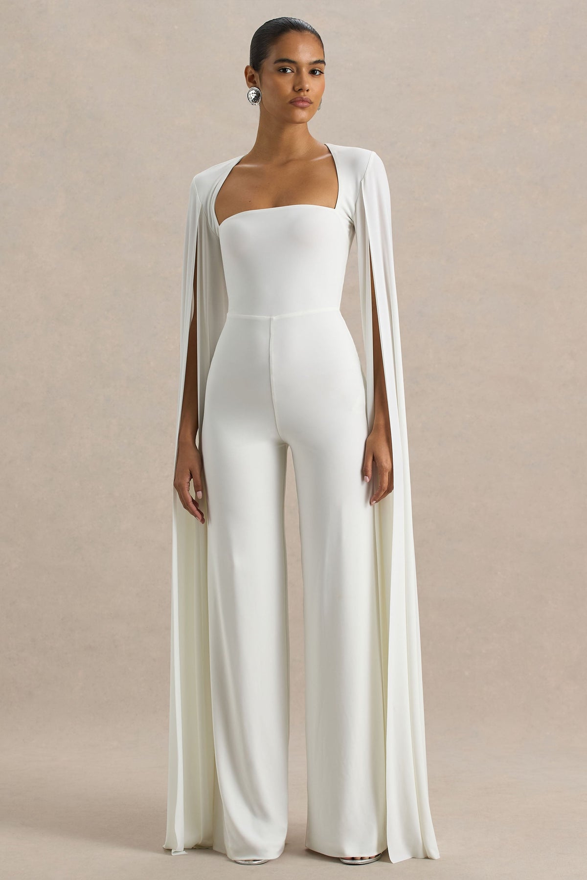 Zara | White Square-Neck Jumpsuit With Cape Sleeves