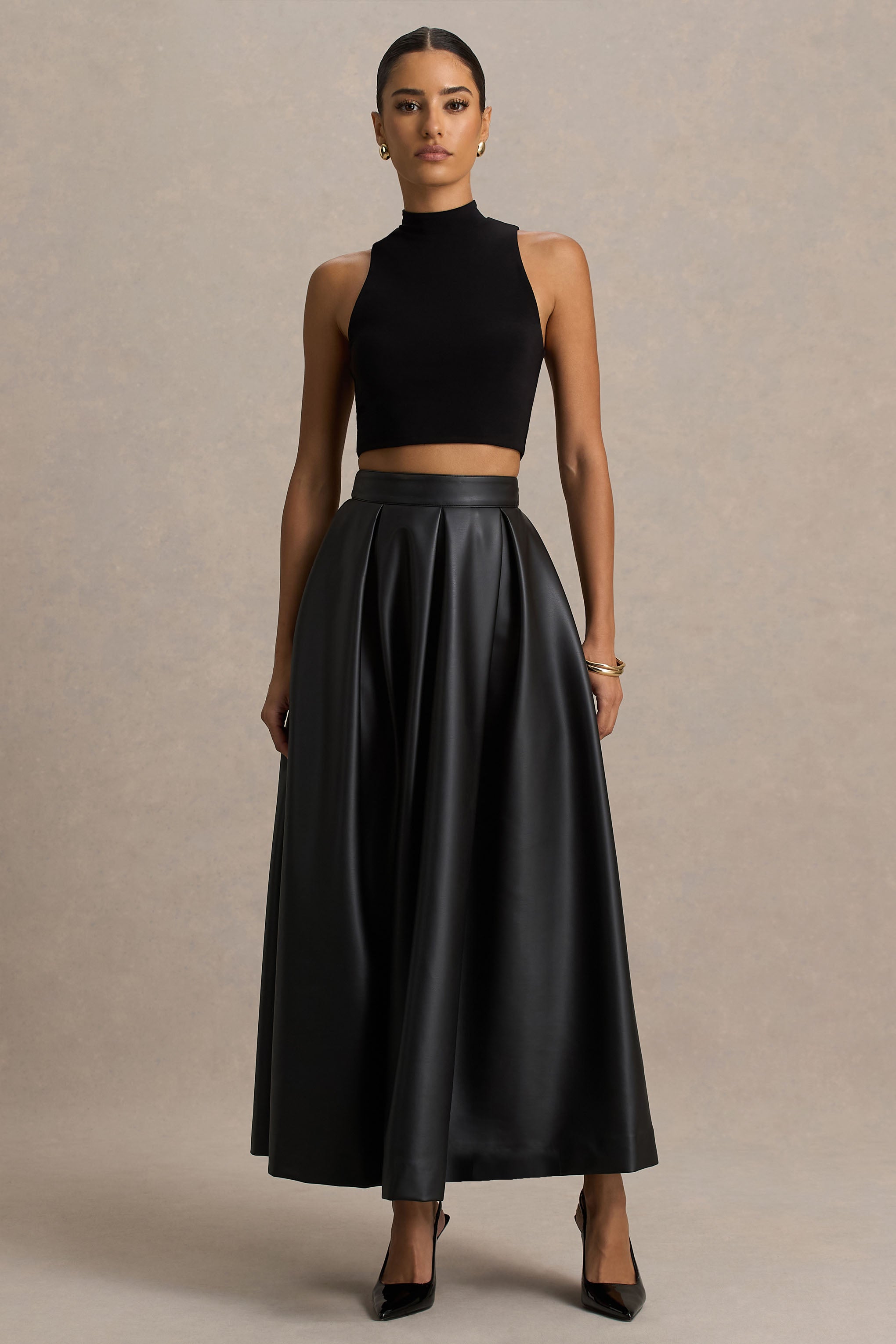 Noa | Black Faux Leather A-Line Midi Skirt