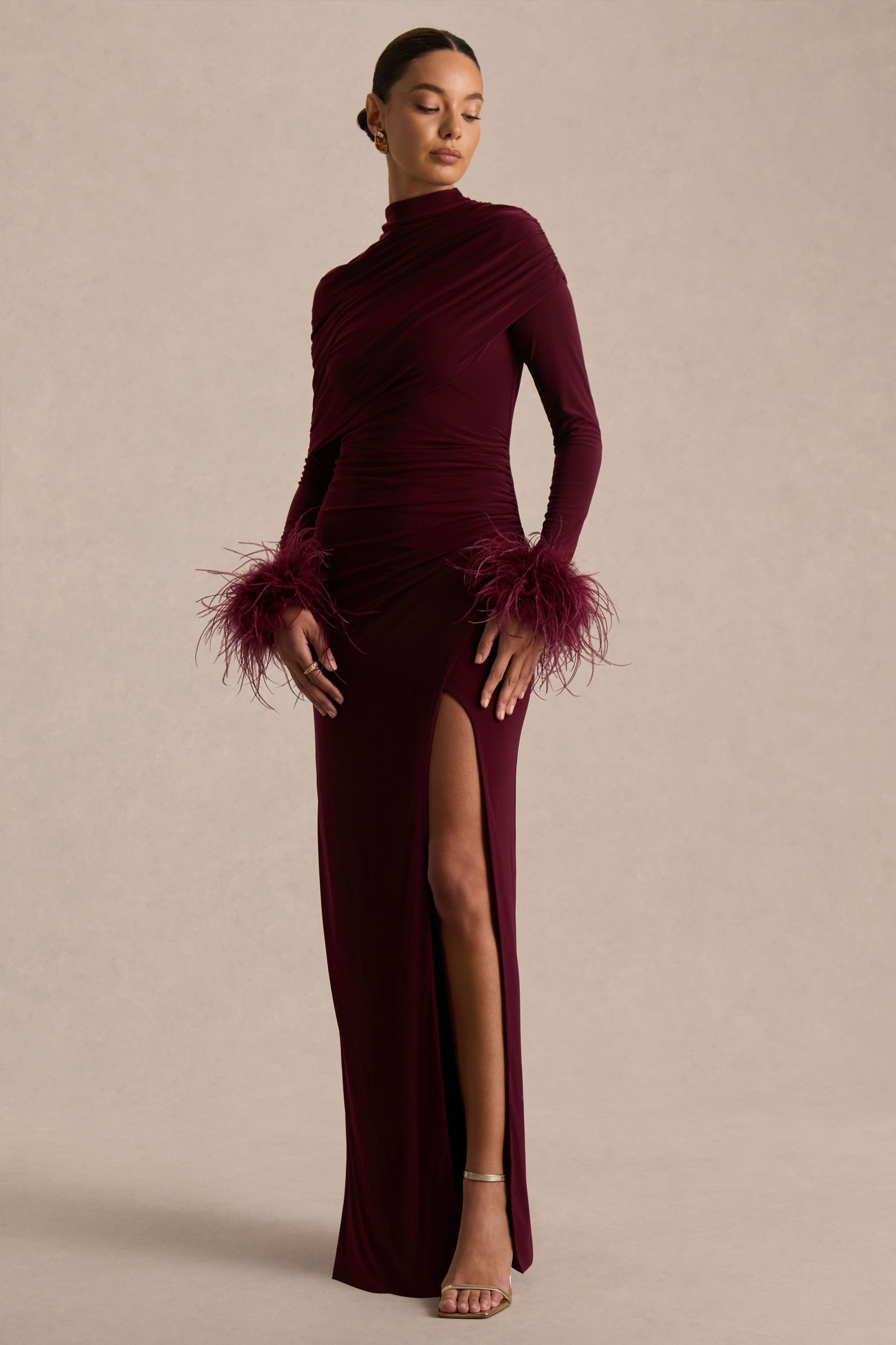 Gatsby | Burgundy High-Neck Maxi Dress With Feather Trim Cuffs
