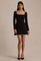 Caia | Black Embellished Square-Neck Mini Dress