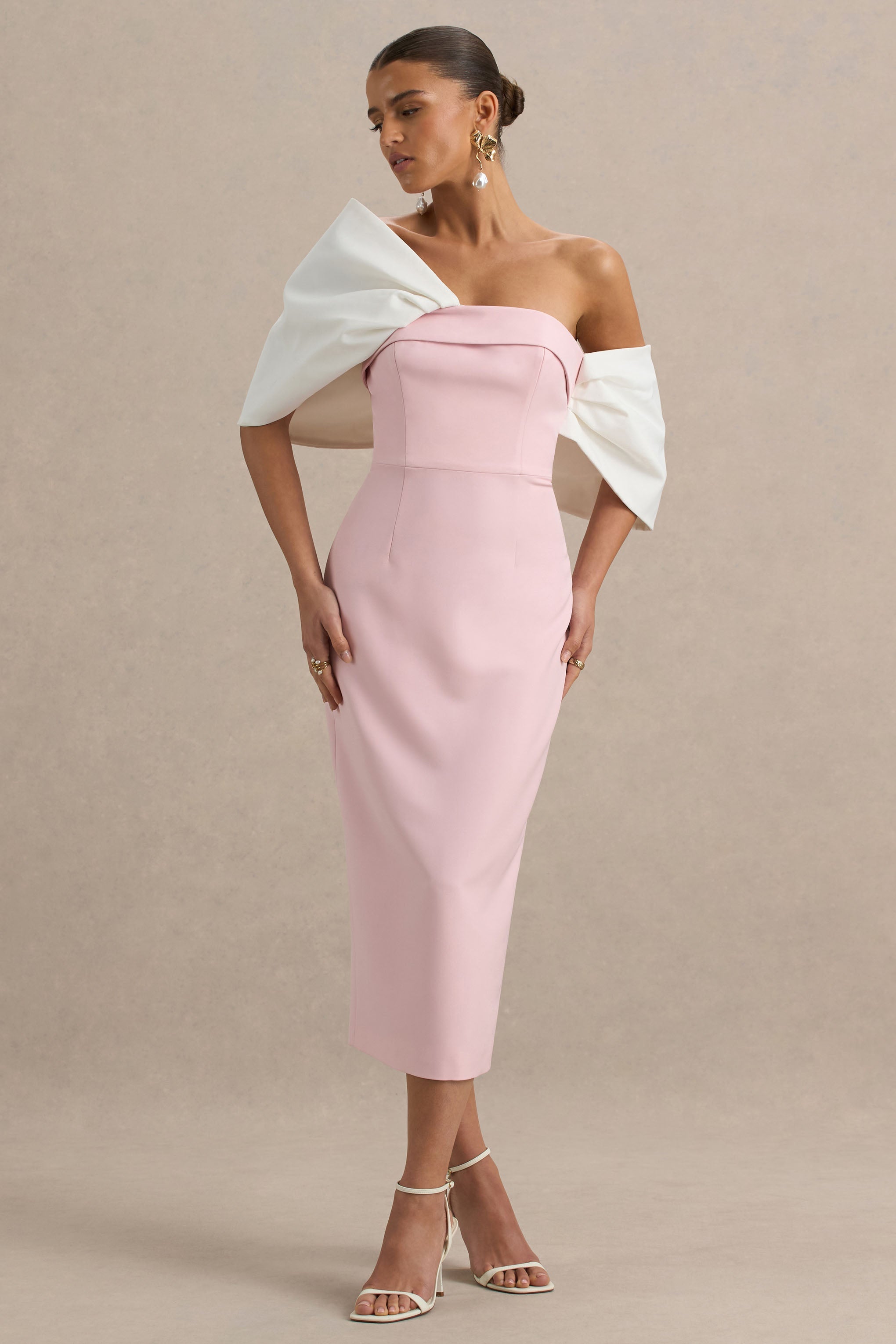 Lucille | Rose & Pink Asymmetric Bardot Midi Dress With Bow Detail