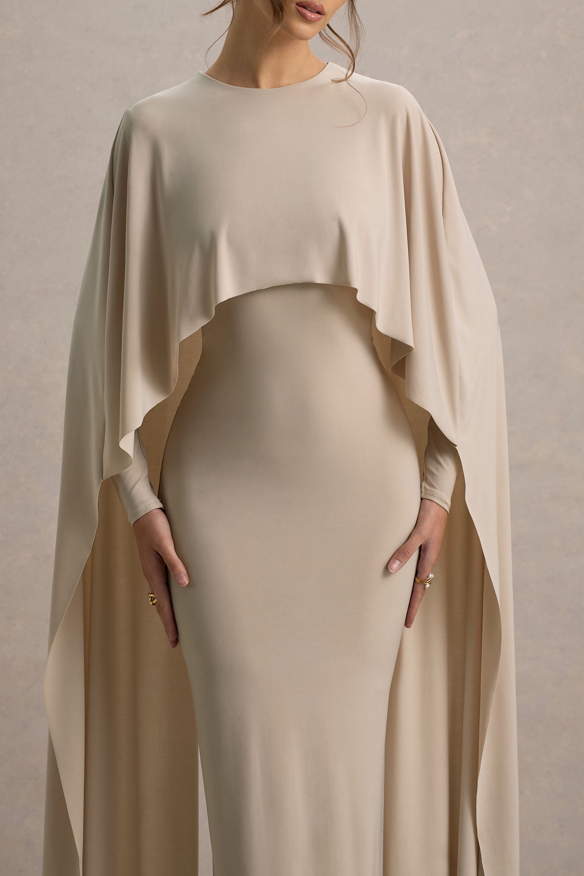 Belinda | Champagne Draped Maxi Dress With Cape Sleeves