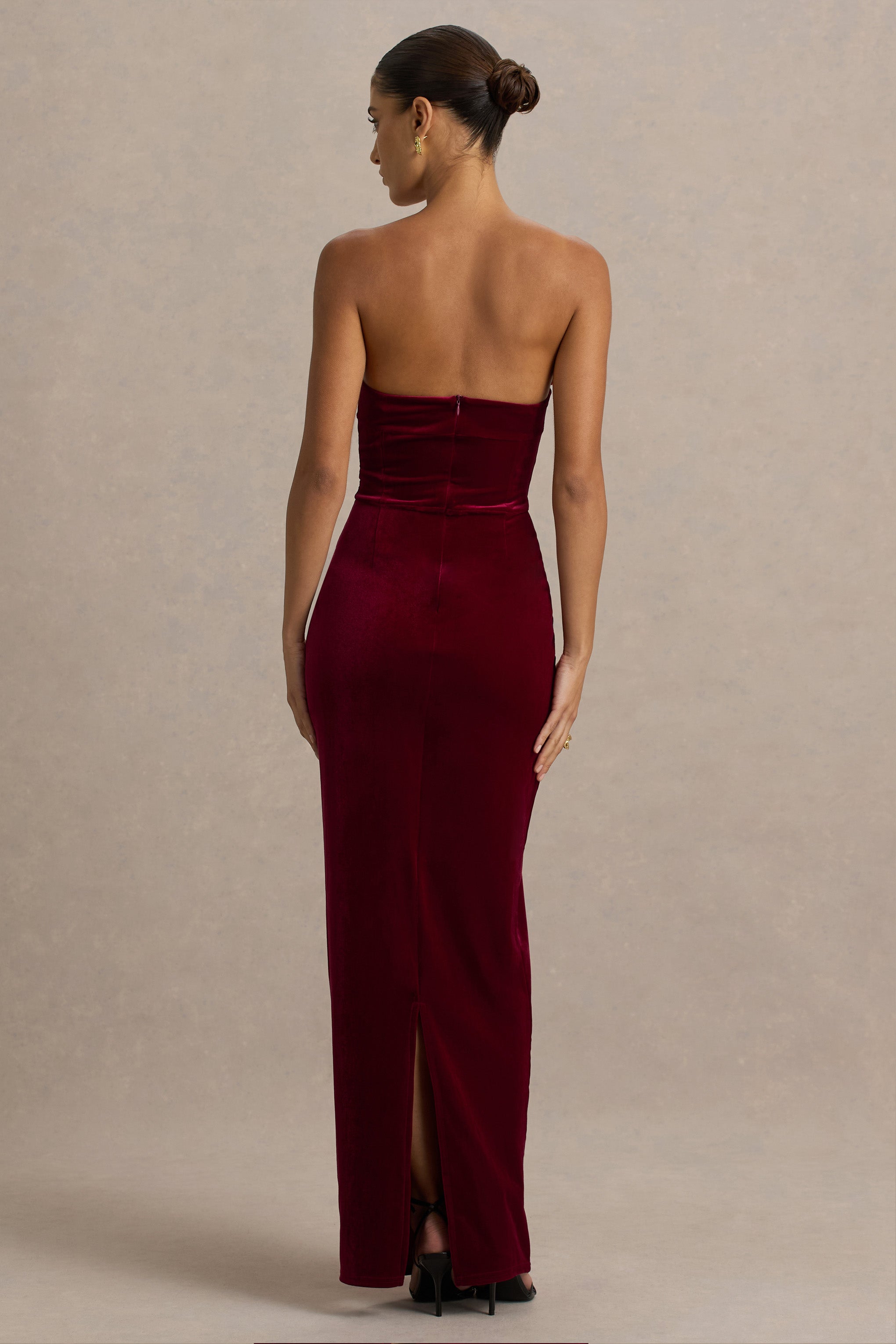 Illusion | Burgundy Velvet Bandeau Maxi Dress With Bow Detail
