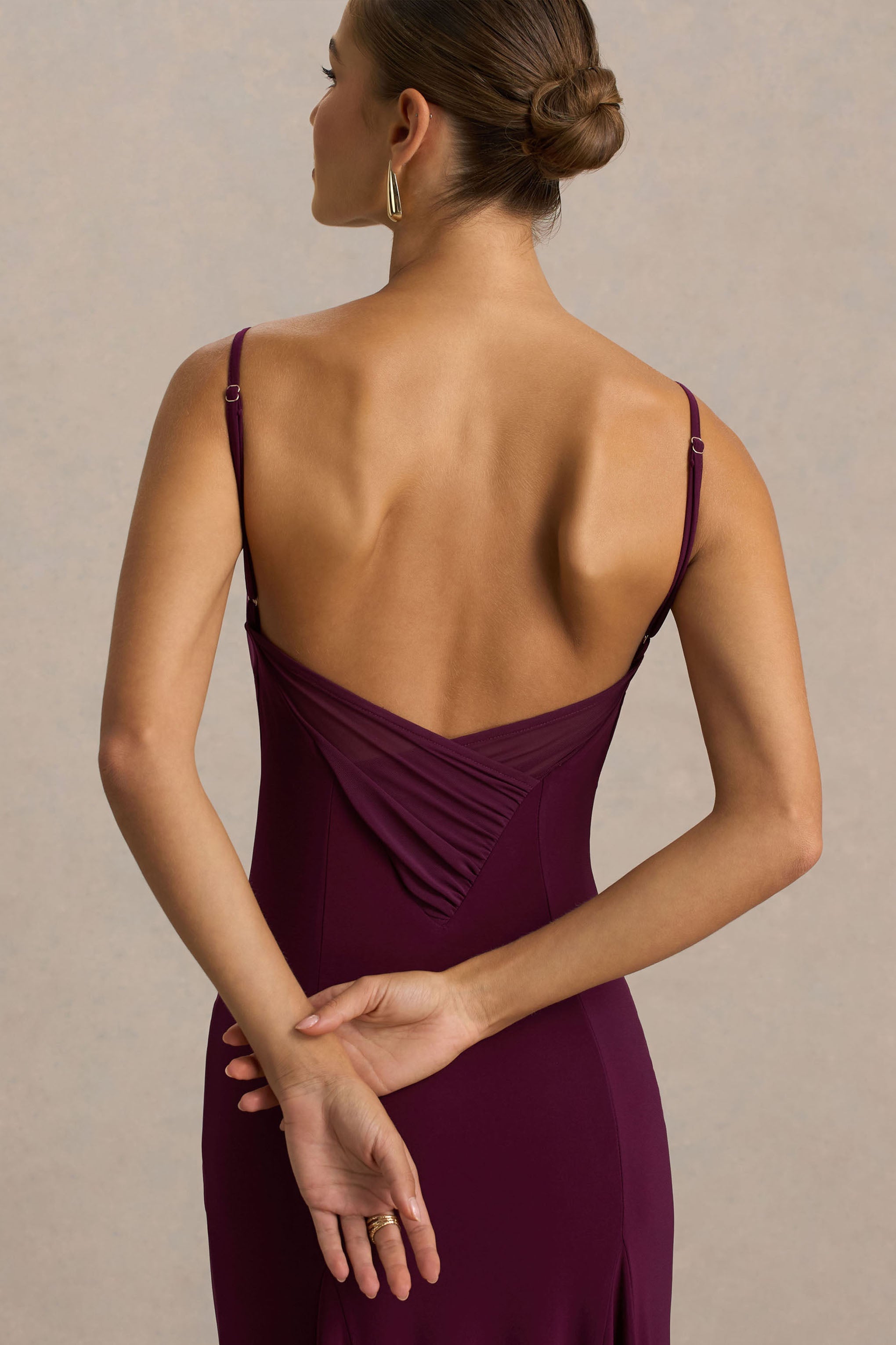 Gabbie | Burgundy Cowl-Neck Maxi Dress With Mesh Back Detail