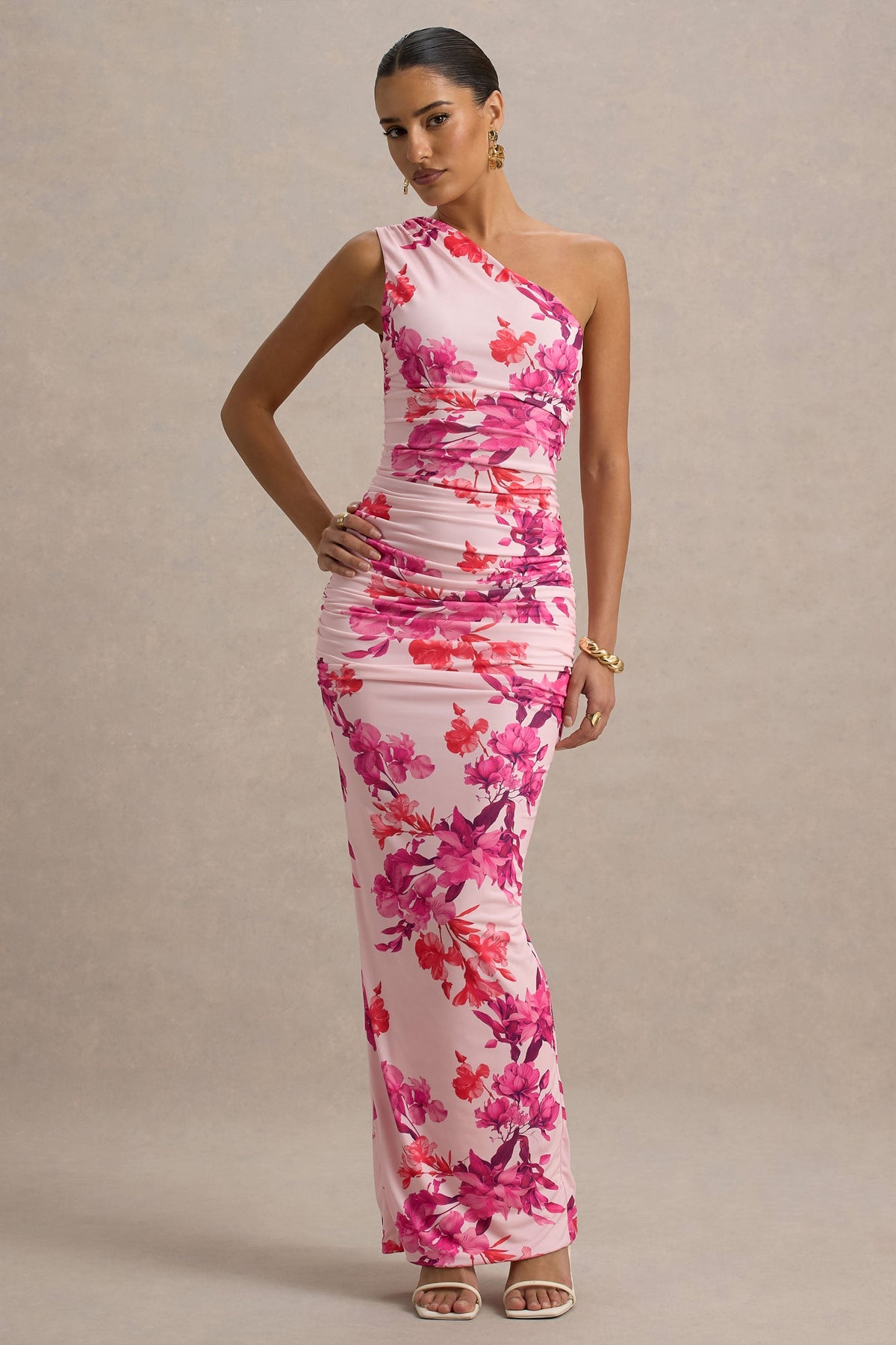 Dalarie | Pink and Orange Floral Print One-Shoulder Gathered Maxi Dress