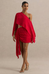 Melania | Red Satin Devore Wrap Mini Skirt With Sash Detail