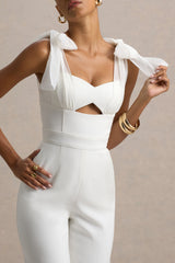 Claudelle | White Flared-Leg Jumpsuit With Organza Bow Straps