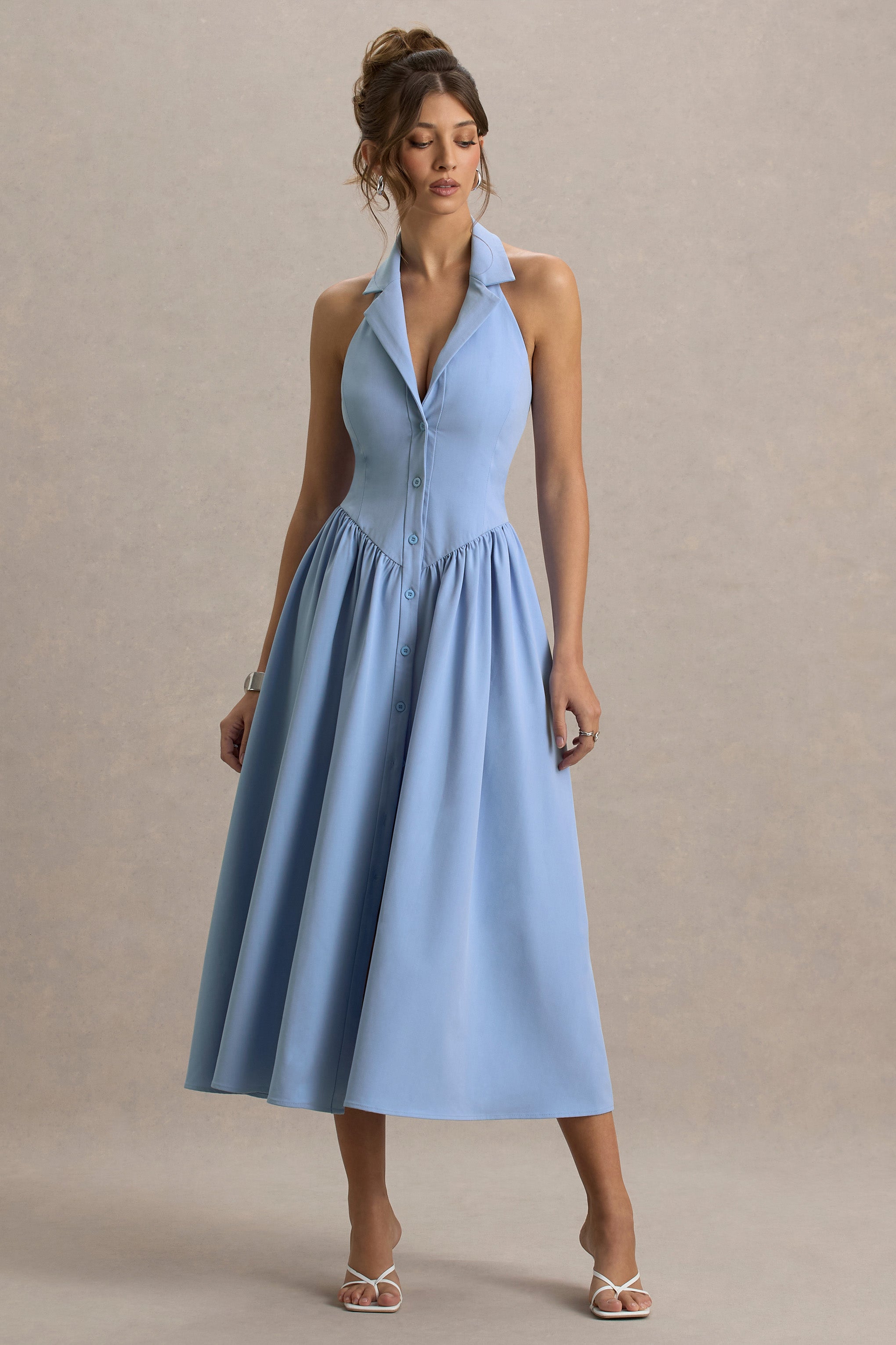 Samsara | Light Blue Plunge-Neck Collared Midi Dress