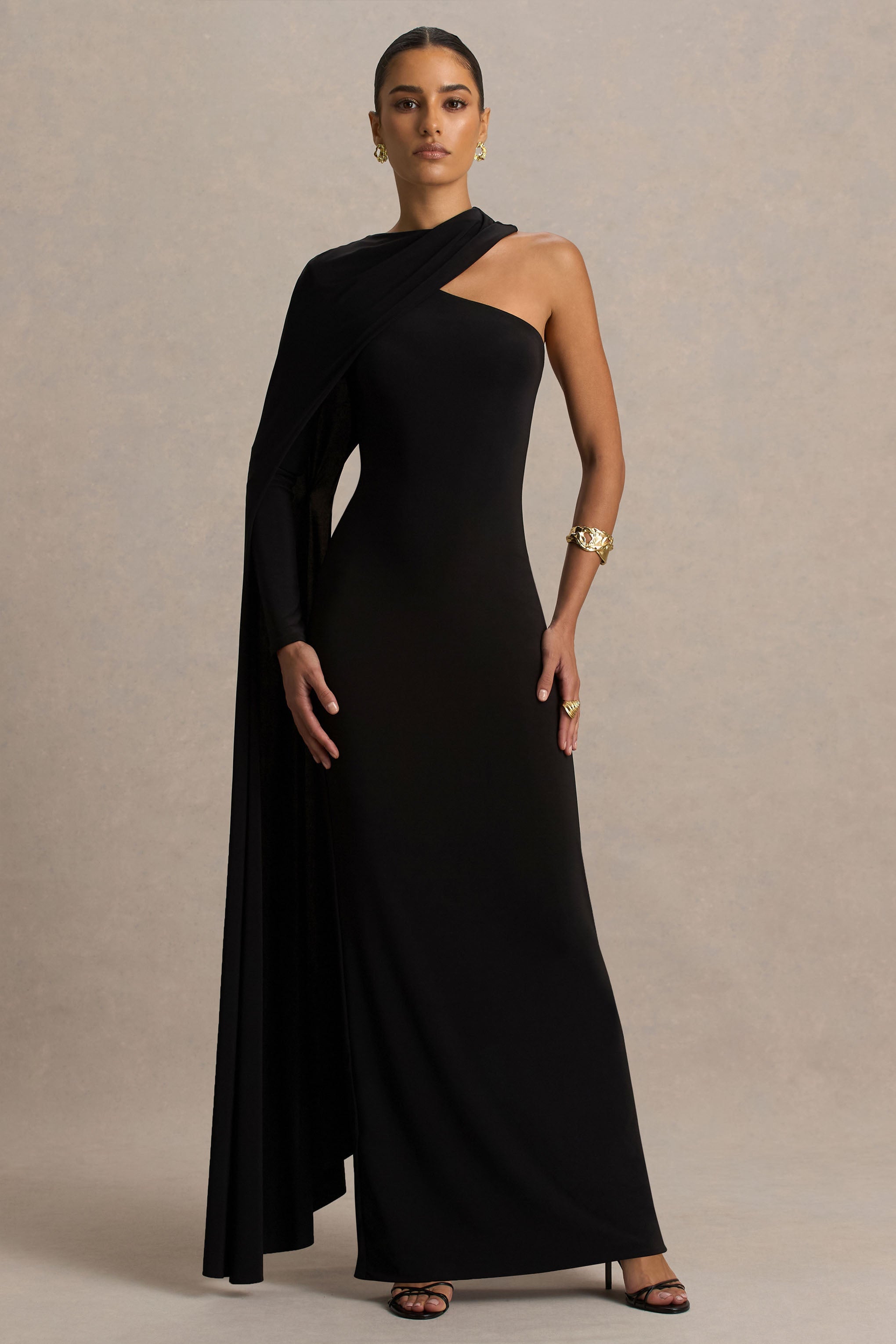 Dawn | Black High-Neck Maxi Dress With One Long Cape-Sleeve