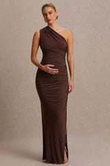 Darcie | Brown Asymmetric-Neck Maternity Maxi Dress