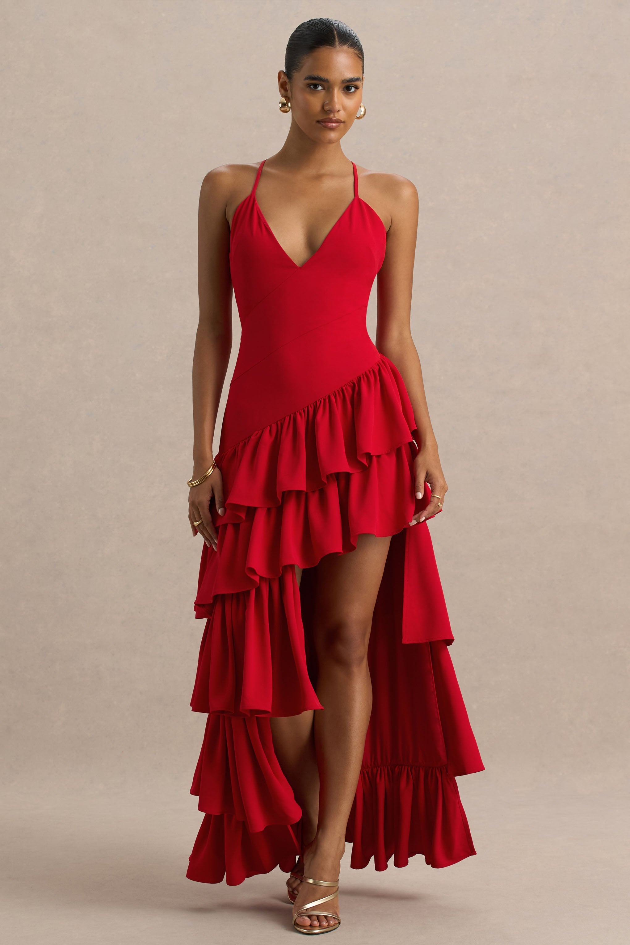 Bogota | Red Plunge-Neck Maxi Dress With Ruffling Details And Front High Split