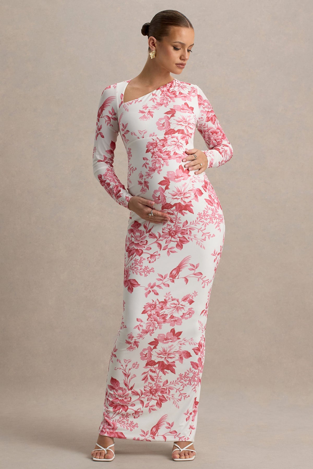 Vanette | Pink Floral Print Asymmetric Long-Sleeve Maternity Maxi Dress
