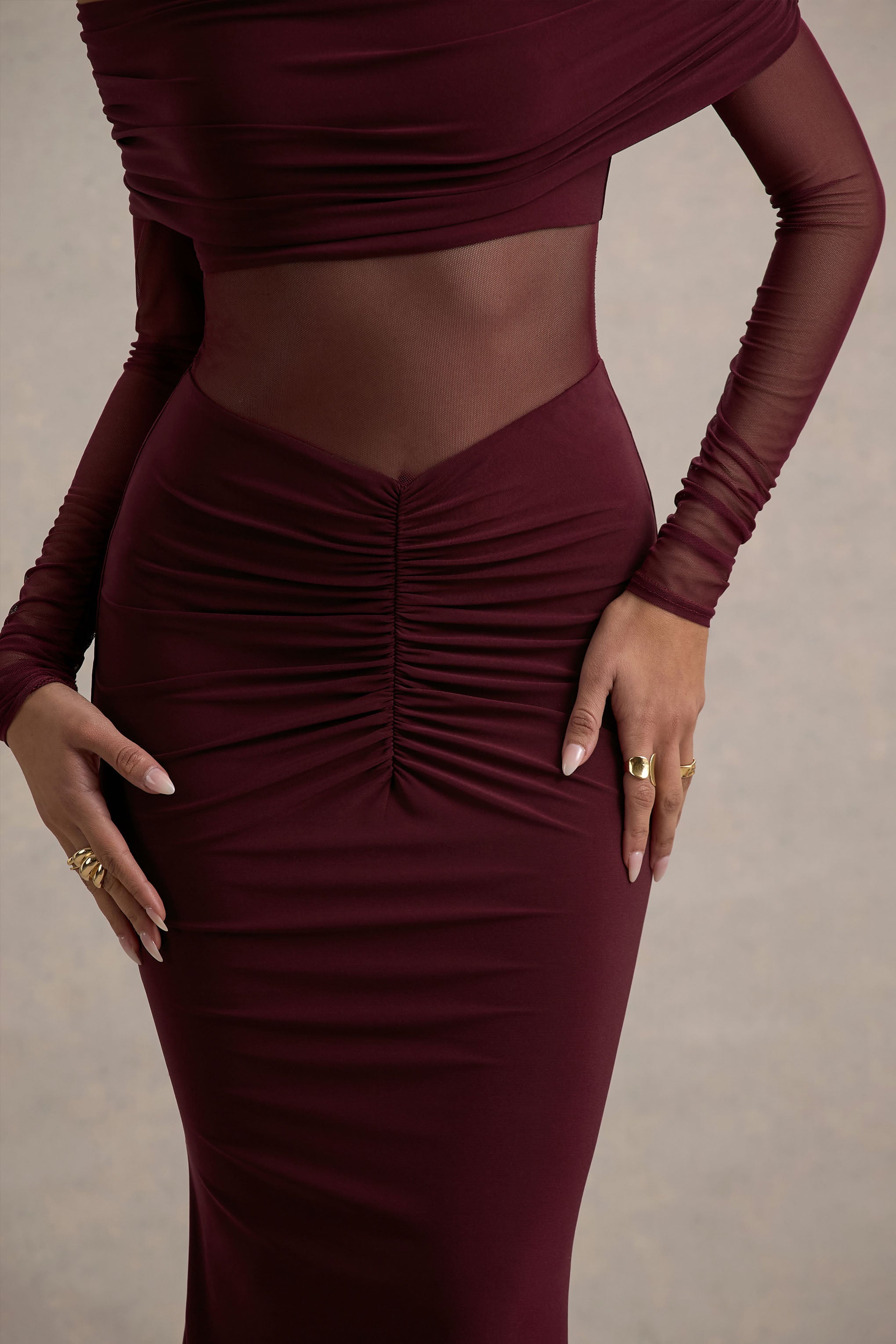 Ismeralda | Burgundy Mesh Ruched Bardot Maxi Dress