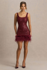 Rosalinda | Burgundy Sequin Square-Neck Mini Dress With Feather Trim