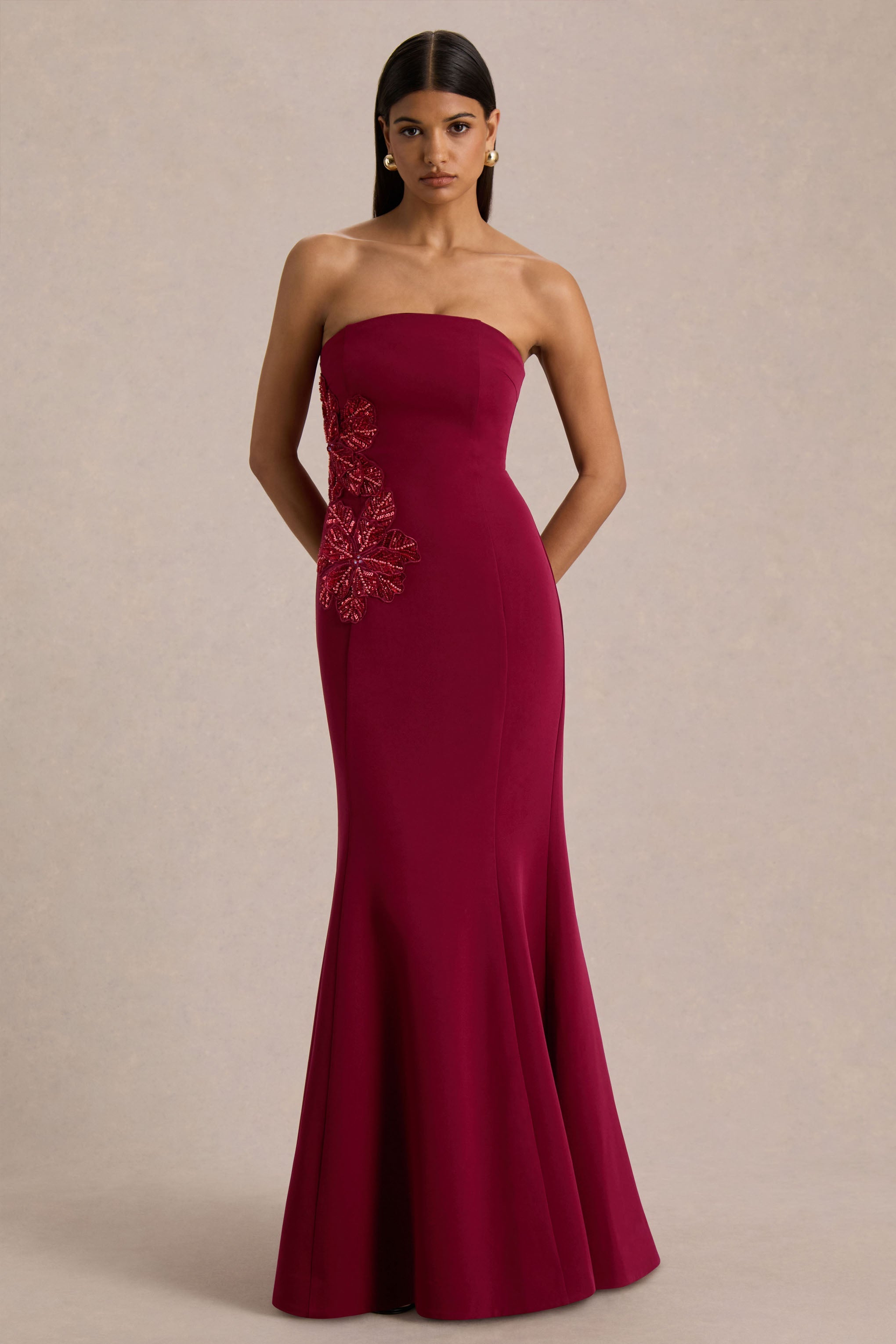 Aylana | Burgundy Bandeau Maxi Dress With Embellished Detail