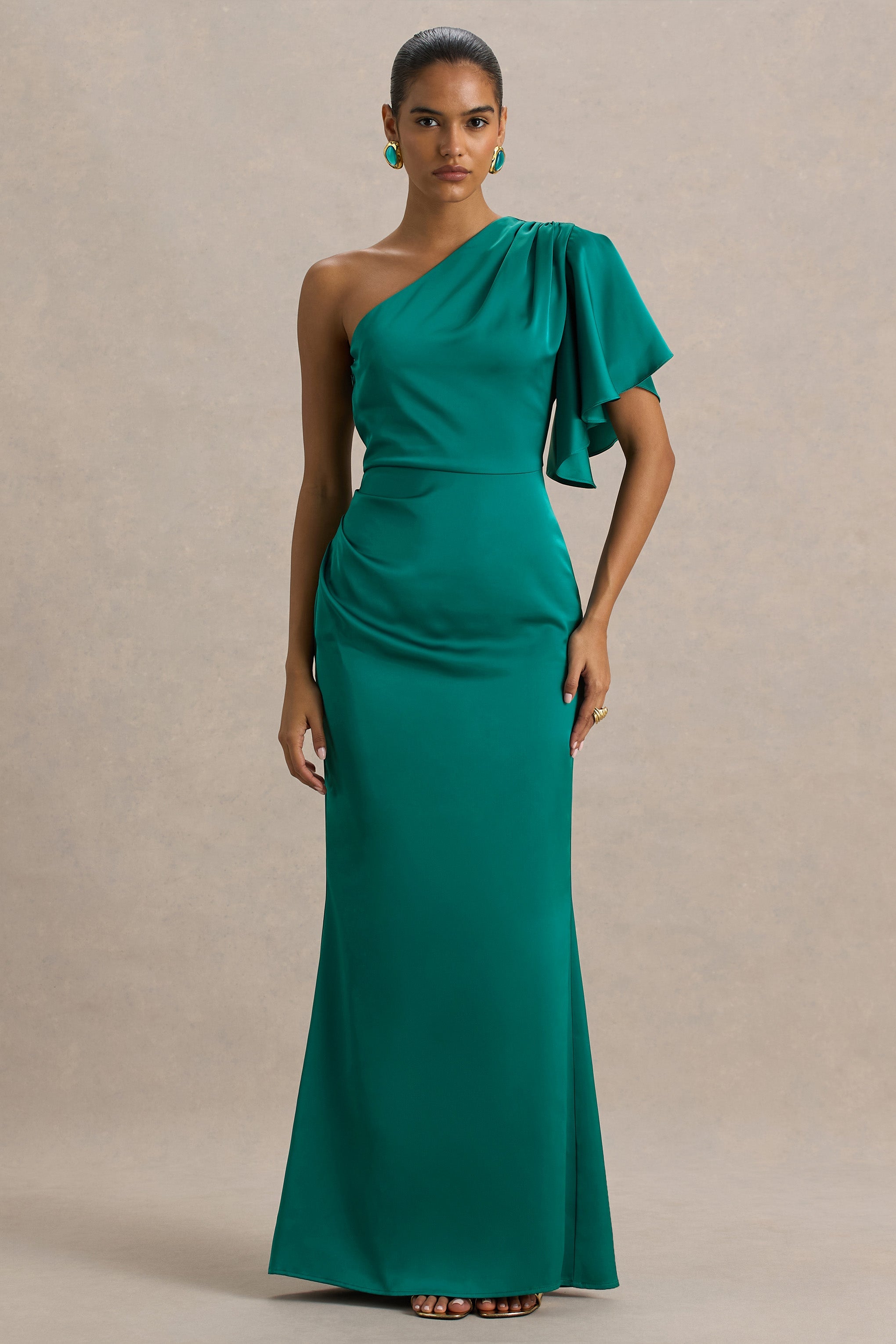Unforgettable | Bottle Green Asymmetric-Neck Maxi Dress With Ruffled Detailing