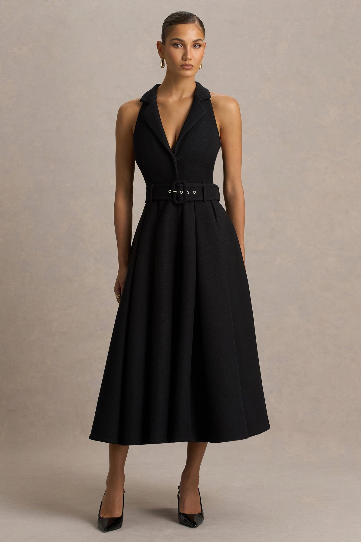 Alessa | Black Plunge-Neck Tailored Midi Dress