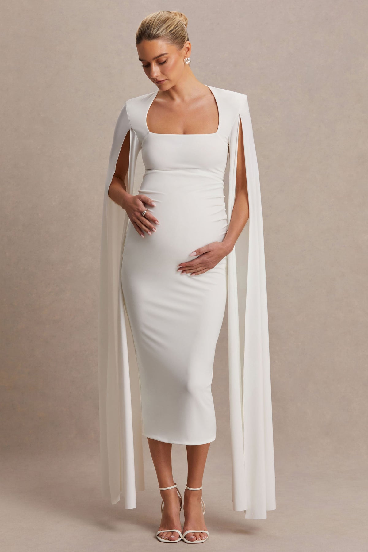 Flawless | White Square-Neck Maternity Midi Dress With Cape-Sleeves