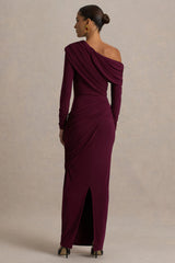 Perrie | Burgundy Asymmetric-Neck Maxi Dress With Ruched Detailing