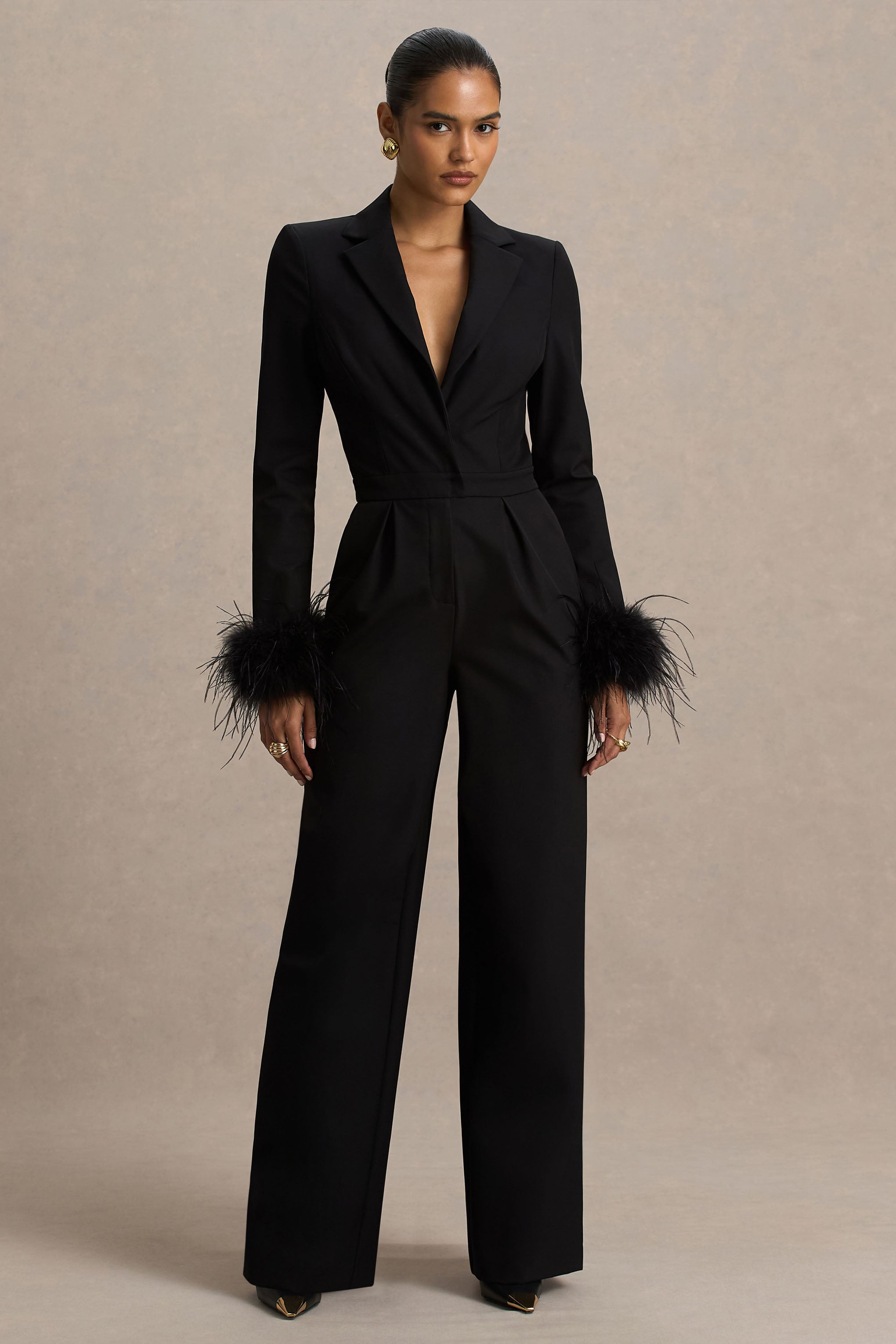 Lissy | Black Plunge-Neck Jumpsuit With Feather-Detailed Sleeves