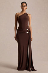 Bonnie | Brown Asymmetric-Neck Maxi Dress With Open-Back