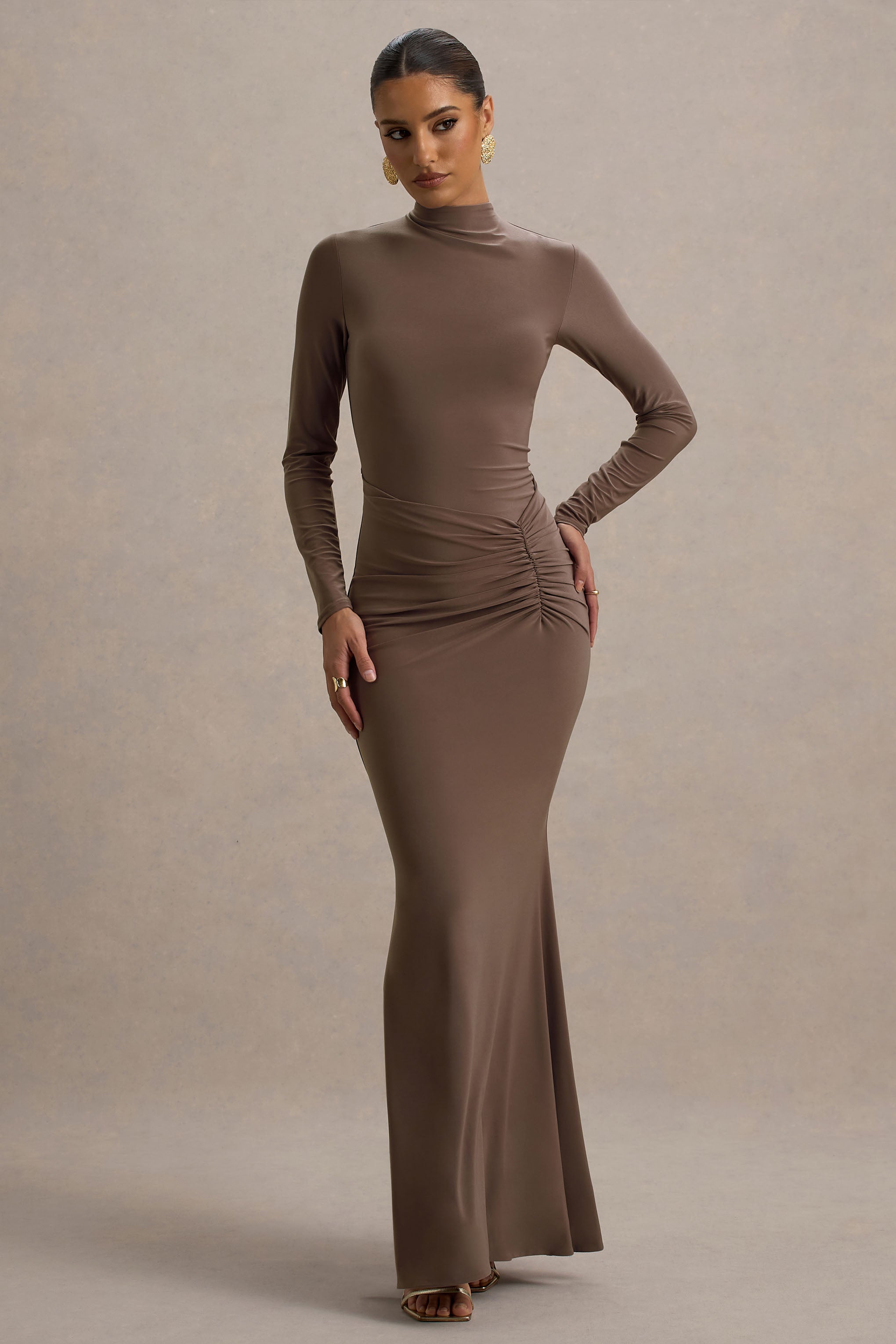 Reid | Brown Long-Sleeve Gathered Maxi Dress