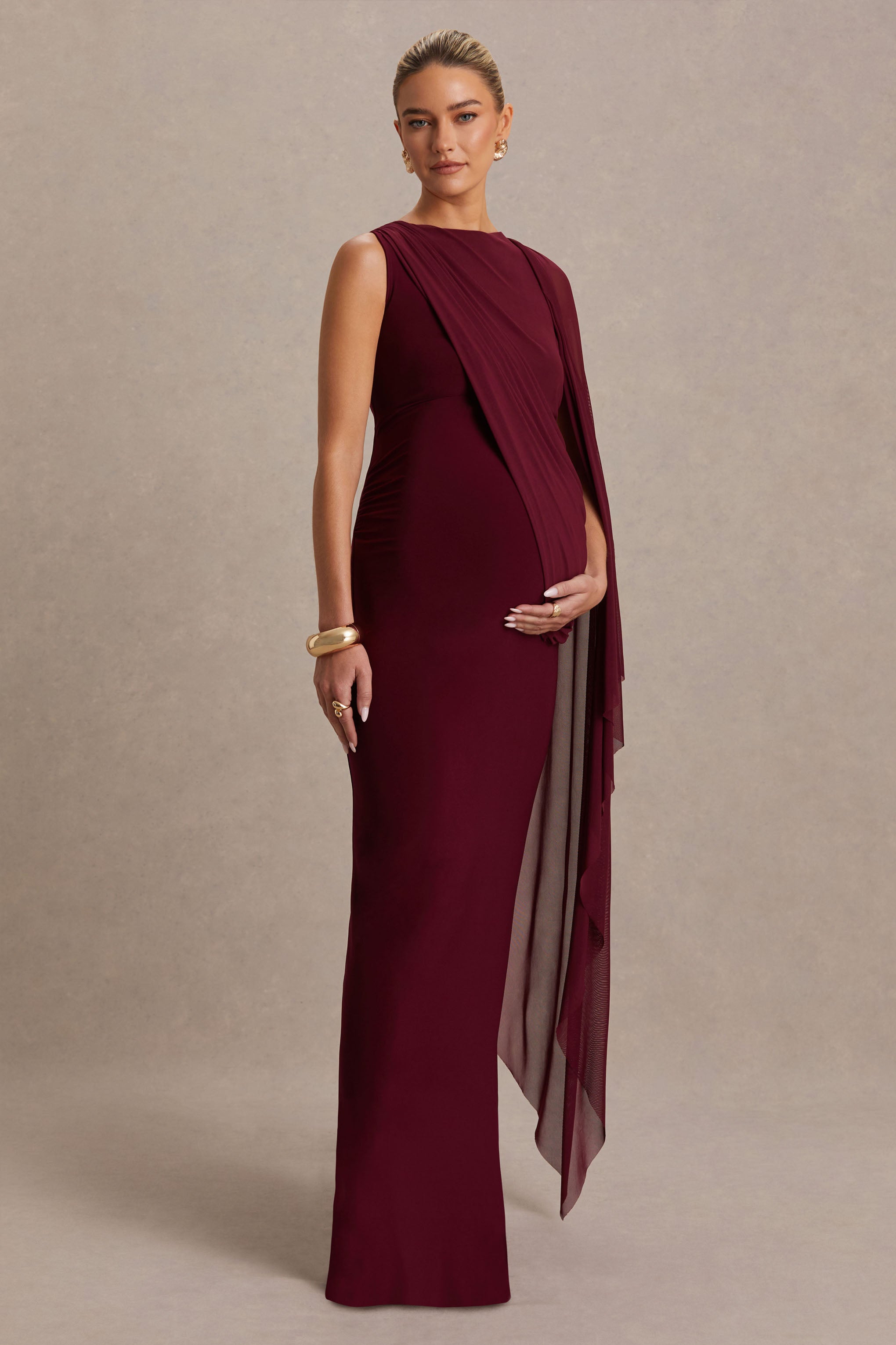 Cristina | Burgundy Slashed-Neck Maternity Maxi Dress With Cape-Sleeve