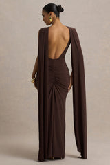Premiere | Brown Boat-Neck Maxi Dress With Cape Sleeves And Open-Back