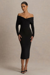 Spark | Black Bardot-Neck Midi Dress With Bow Detail
