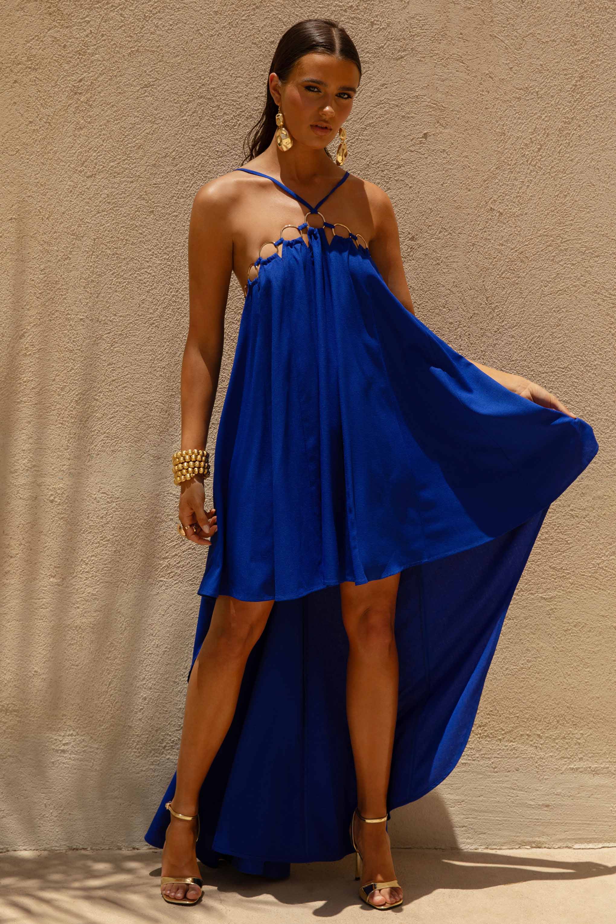 Amiya | Blue A-Line Maxi Dress with Cut-Out Details