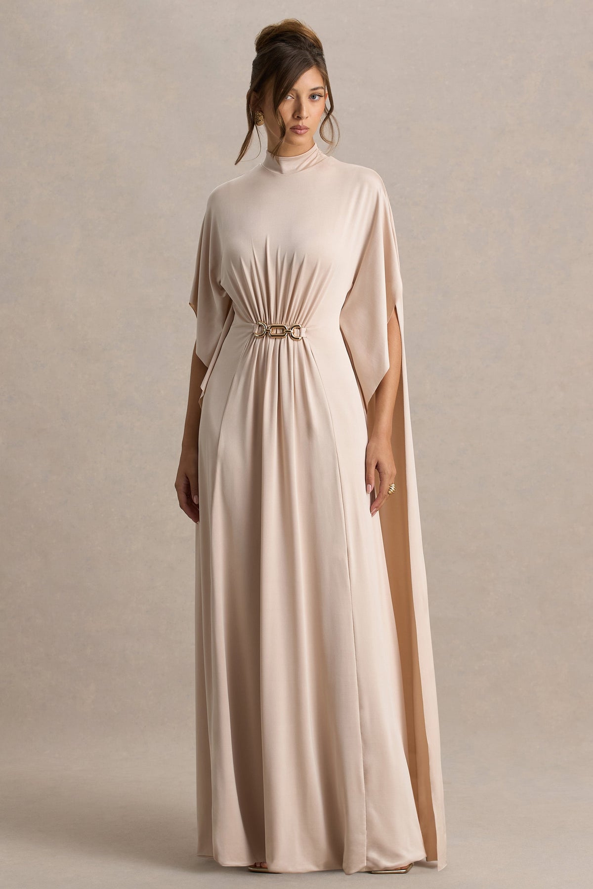 Olessia | Champagne Belted Gathered Cape-Sleeve Maxi Dress
