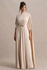 Olessia | Champagne Belted Gathered Cape-Sleeve Maxi Dress