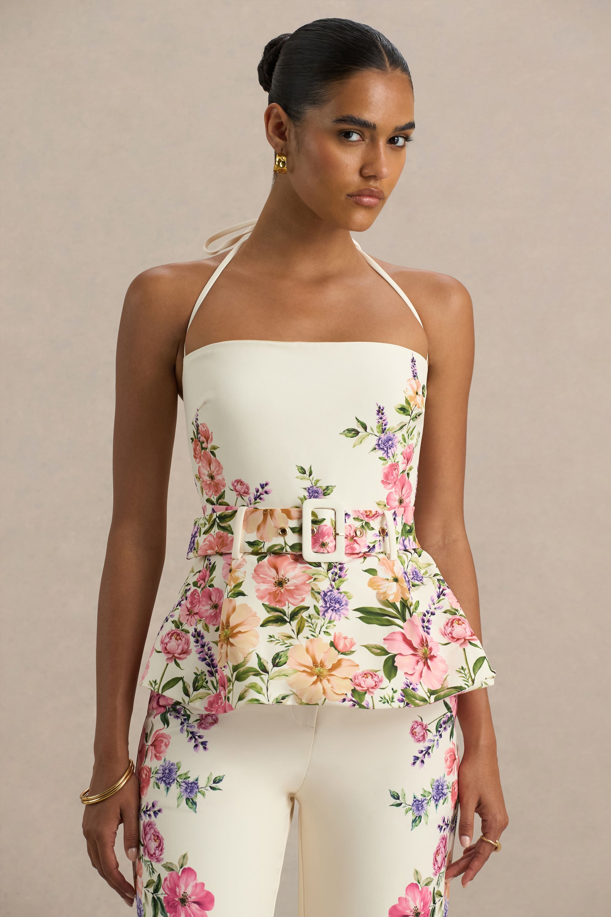 Maud | White Floral Border Print Square-Neck Tailored Top