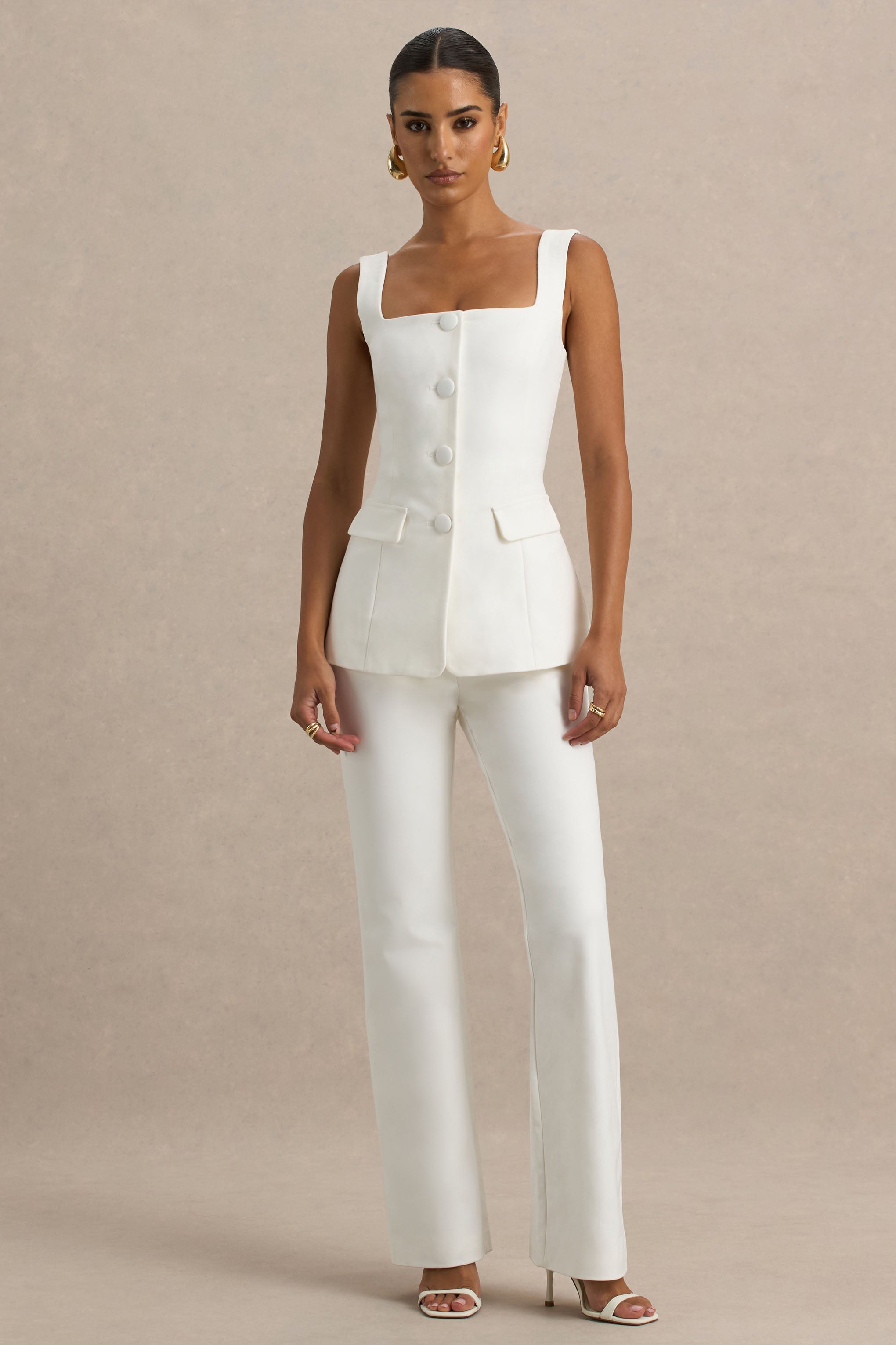 Aceline | White Square-Neck Tailored Jumpsuit