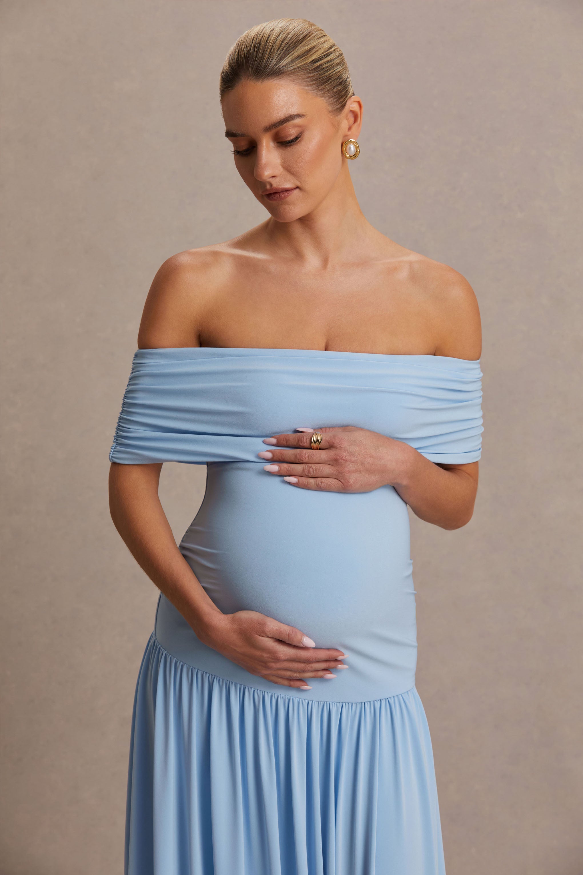 Juliette | Powder Blue Bardot-Neck Maternity Maxi Dress With Drop-Waist