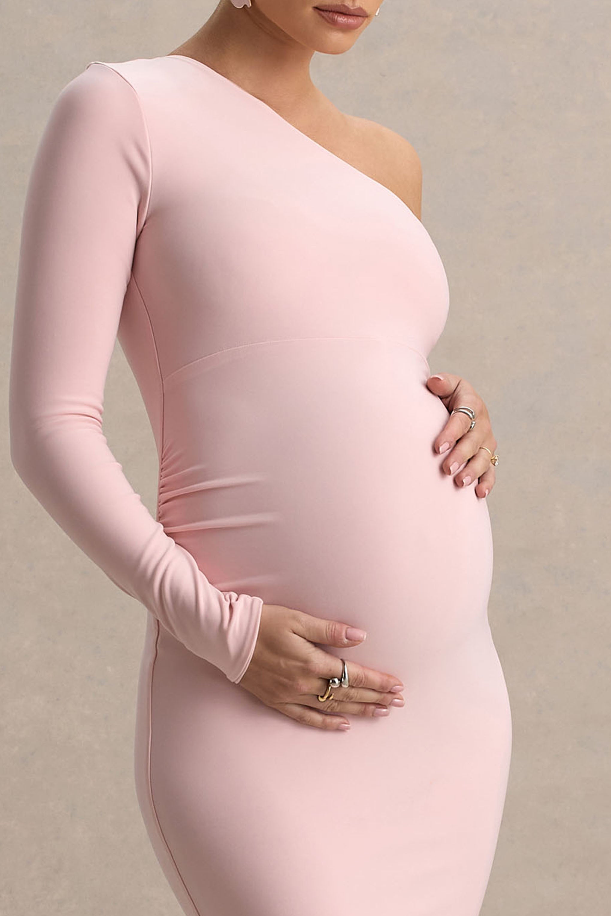 Heloise | Pink Asymmetric One-Sleeve Maternity Maxi Dress