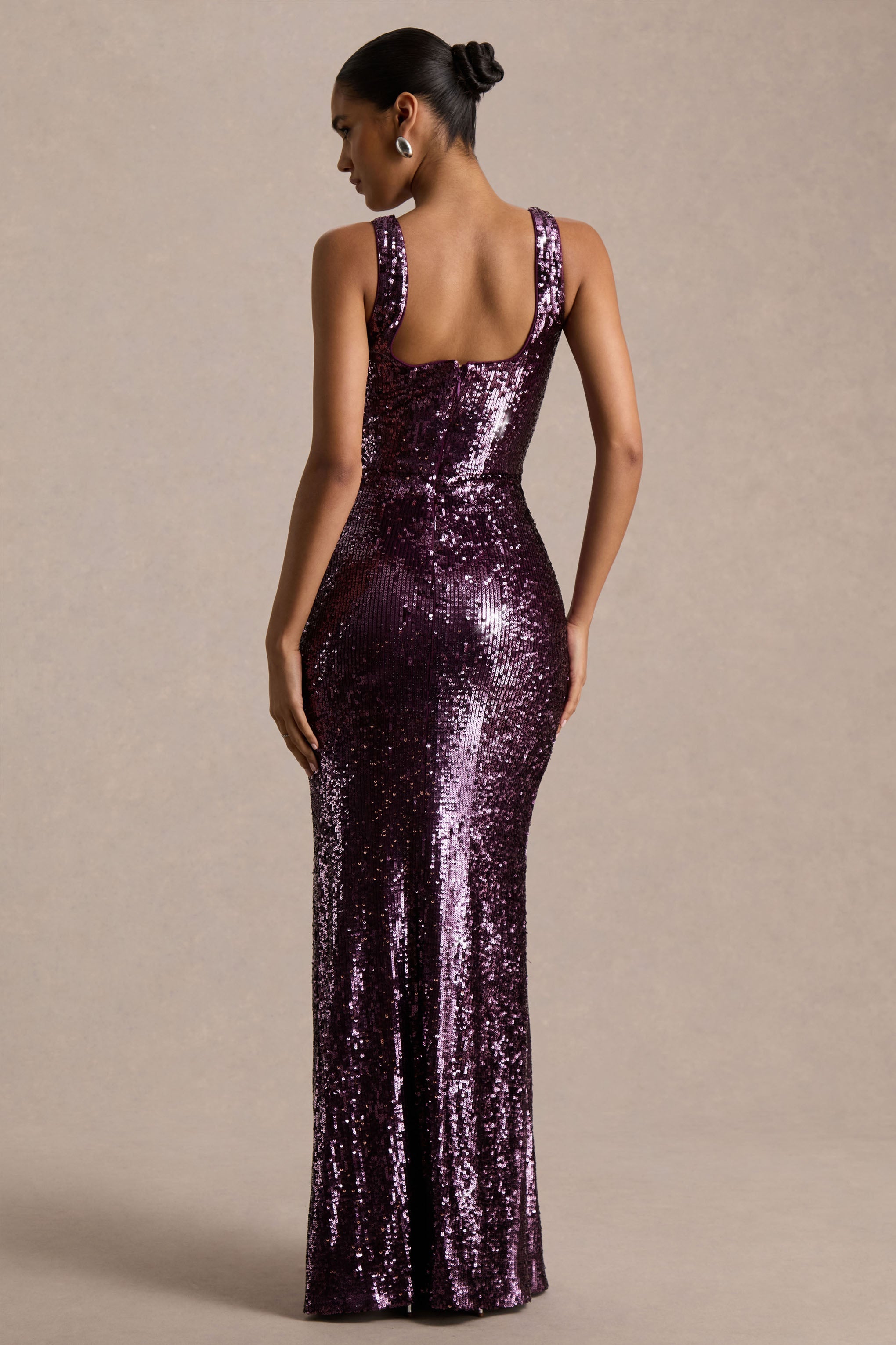 High Life | Plum Sequin Square-Neck Maxi Dress With Front-High Split