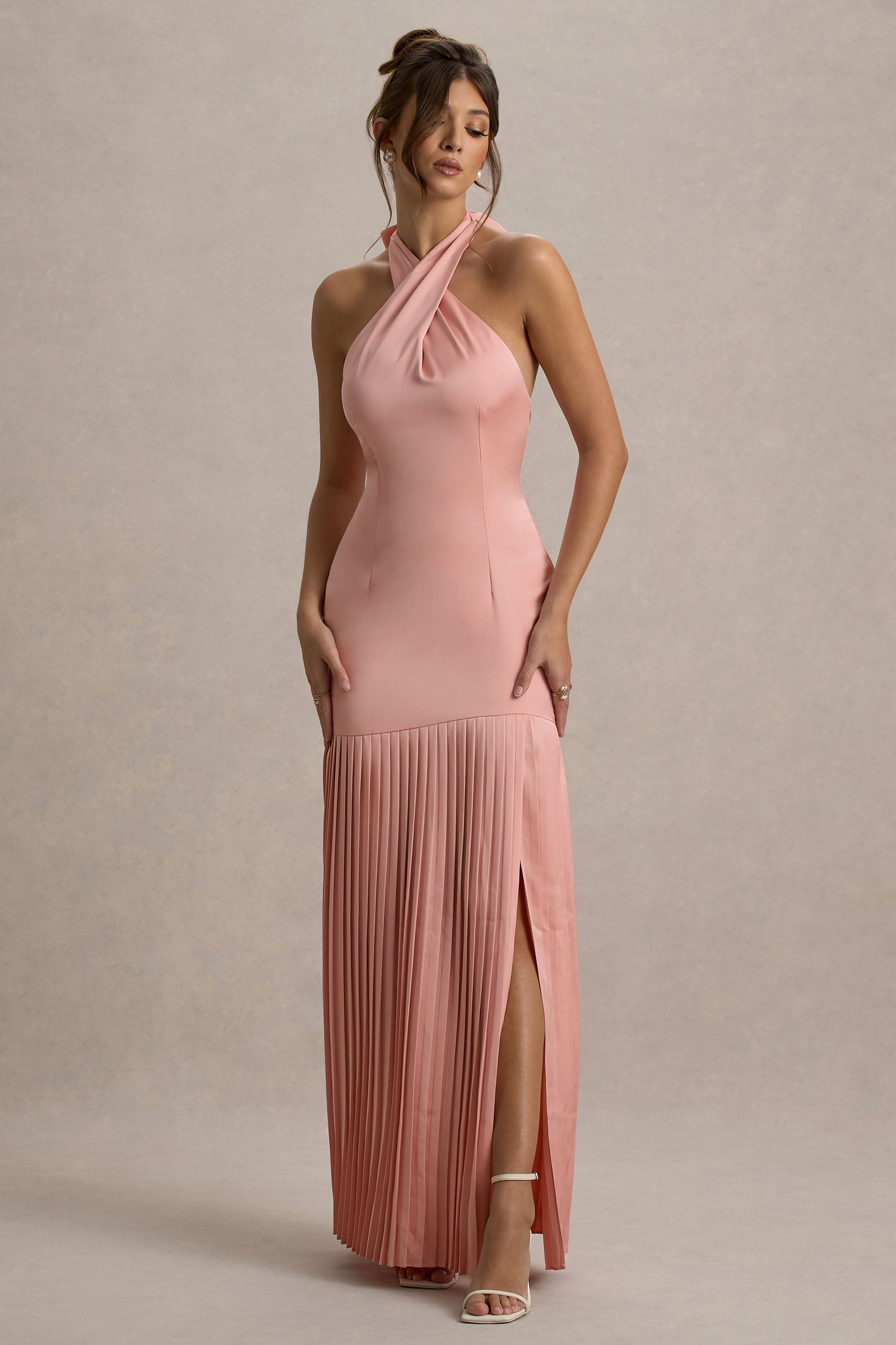 Sansa | Light Pink Satin Cross Halter-Neck Plisse Maxi Dress