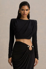 Fluxy | Black Long-Sleeved Crop-Top With Ruched Detailing