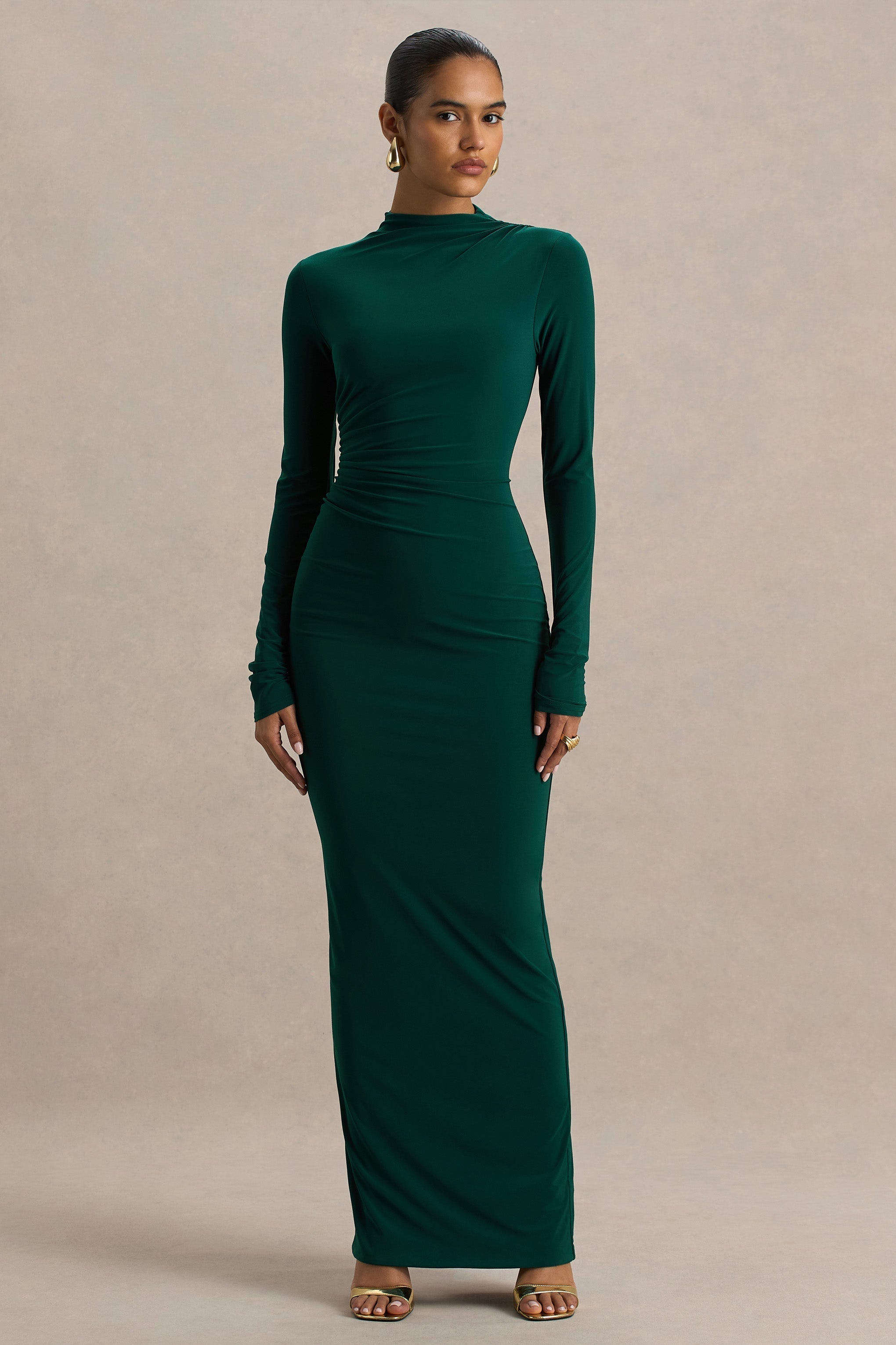 Eden |  Bottle Green High-Neck Maxi Dress With Ruched Detailing
