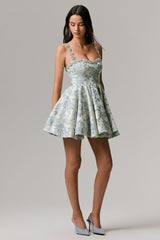 Seashell | Light Blue Jacquard Embellished Sweetheart-Neck Skater Mini Dress